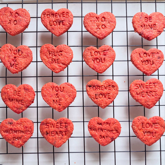 home made heart shaped dog treats with love messages stamped on them